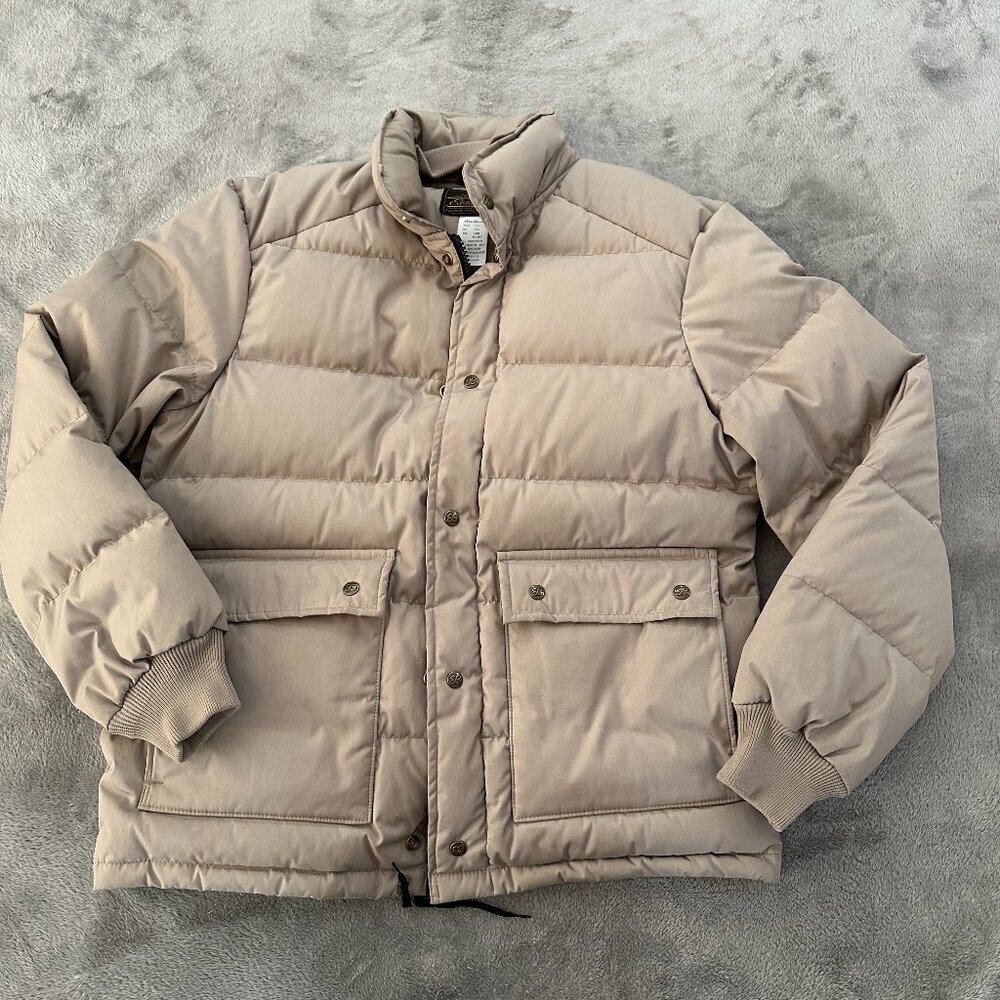 Vintage Eddie Bauer Down Filled Puffer Coat Tan Men's LARGE *no hood* USA Made